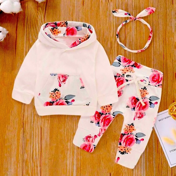 Baby Floral Print Hoodie Pants Headband 3 PC Set